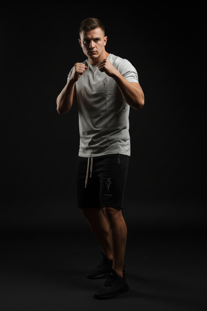 Ensemble Esprit Fort – T-shirt gris & short noir – mannequin fond noir