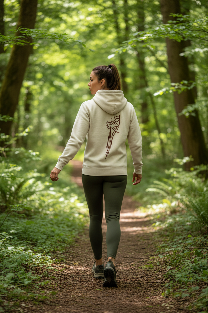 Hoodie Sand Esprit Fort – mannequin femme dos logo en nature