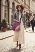 Sac bohème violet Esprit Fort – mannequin femme en balade urbaine